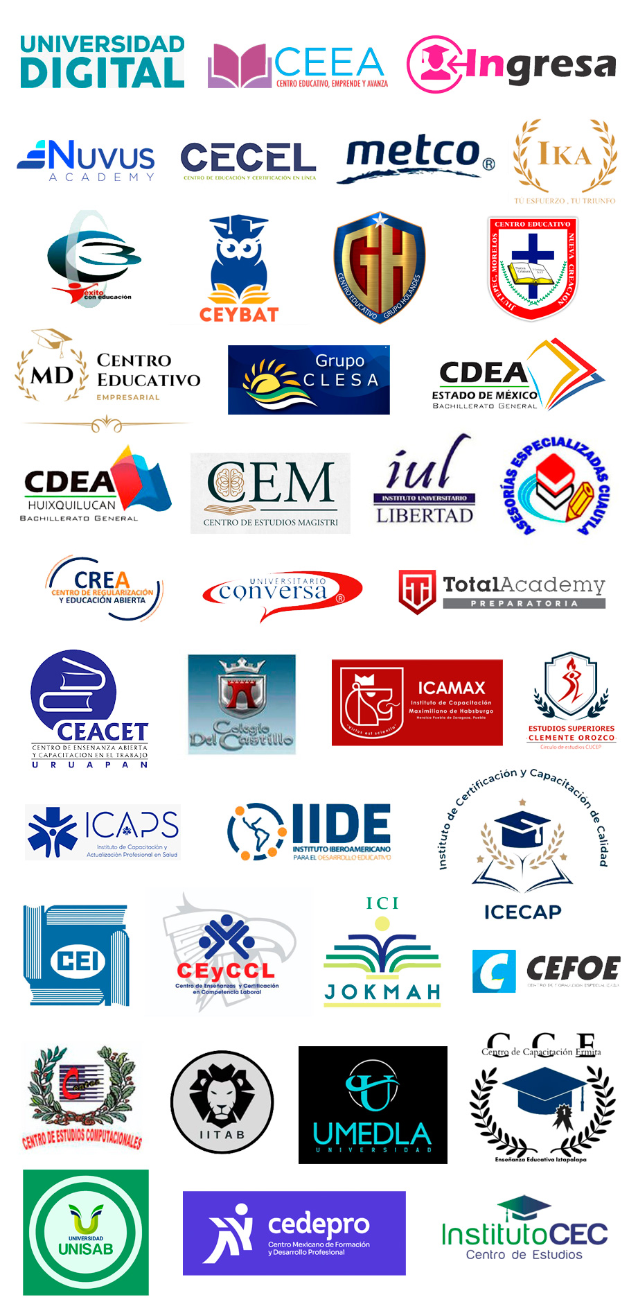 grupo saxum humanidades 2.0 snac sindicato nacional alimenticio y de comercio metco snte sindicato nacional de trabajadores de la educacion instituto educativo lázaro cárdenas cultura iniciativa y bienestar centro educativo empresarial instituto star 2000 centro zen atencion psicológica y terapias alternativas cdea huixquilucan bachillerato general grupo educativo capec s.c centro de asesorías para el examen ceneval colegio del castillo ecapi escuela de ciancias artes y profesiones interdicisplinarias asesorías especializadas cuautla