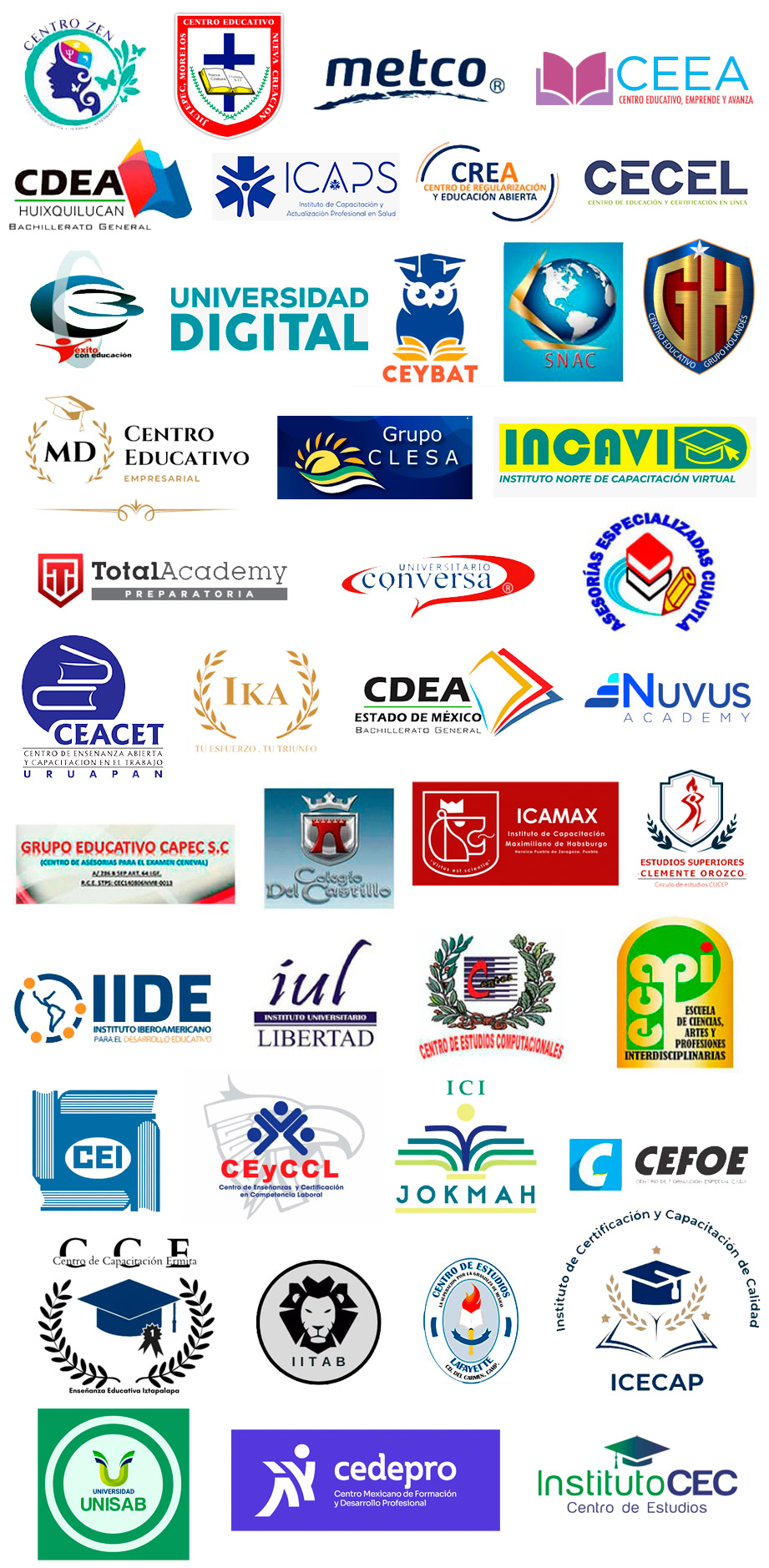 grupo saxum humanidades 2.0 snac sindicato nacional alimenticio y de comercio metco snte sindicato nacional de trabajadores de la educacion instituto educativo lázaro cárdenas cultura iniciativa y bienestar centro educativo empresarial instituto star 2000 centro zen atencion psicológica y terapias alternativas cdea huixquilucan bachillerato general grupo educativo capec s.c centro de asesorías para el examen ceneval colegio del castillo ecapi escuela de ciancias artes y profesiones interdicisplinarias asesorías especializadas cuautla