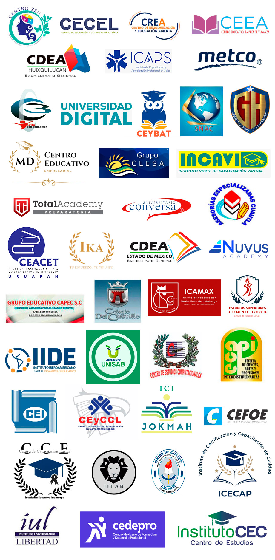 grupo saxum humanidades 2.0 snac sindicato nacional alimenticio y de comercio metco snte sindicato nacional de trabajadores de la educacion instituto educativo lázaro cárdenas cultura iniciativa y bienestar centro educativo empresarial instituto star 2000 centro zen atencion psicológica y terapias alternativas cdea huixquilucan bachillerato general grupo educativo capec s.c centro de asesorías para el examen ceneval colegio del castillo ecapi escuela de ciancias artes y profesiones interdicisplinarias asesorías especializadas cuautla